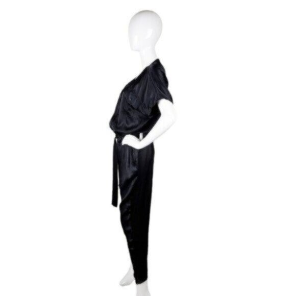 Splendid Satin Ankle Length Tie Waist Blouson Jumpsuit Black Size Medium - Picture 2 of 10